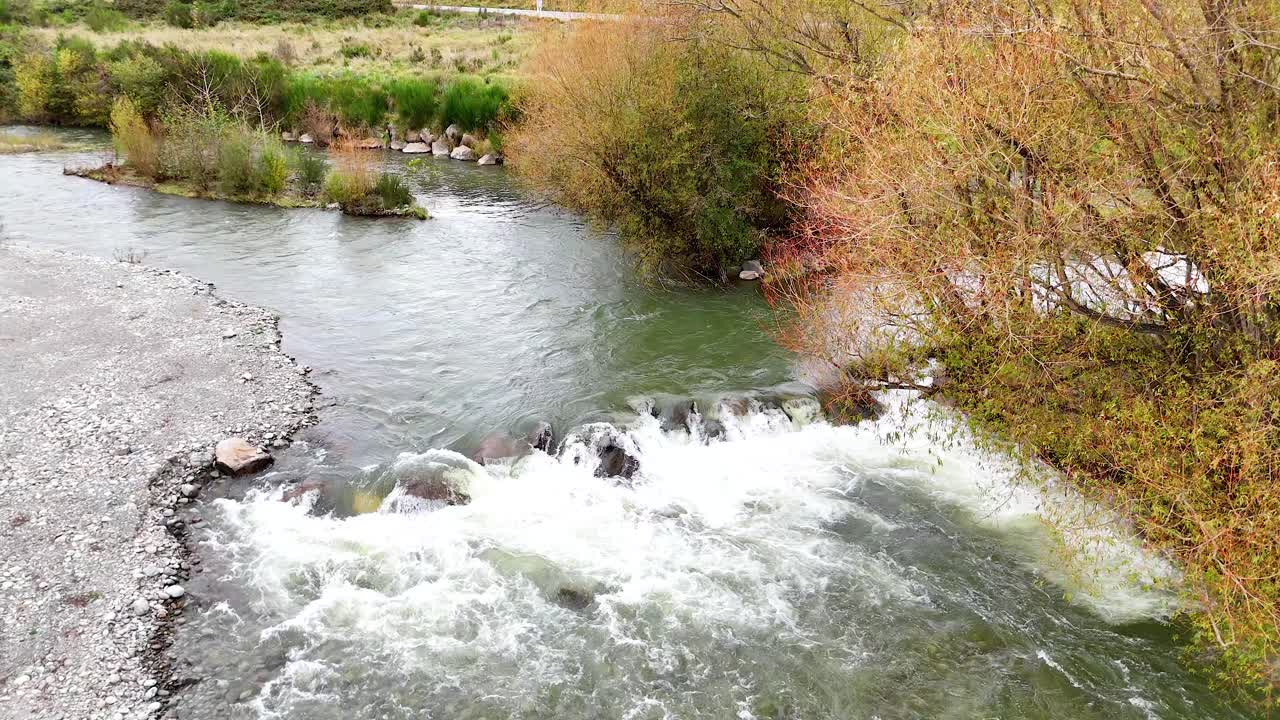 A tranquil river flows through lush greenery at Lake Tekapo, captured in natural daylight with vibrant colors and gentle motion