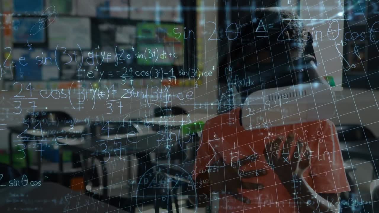 vr 헤드 ⁇ 을 사용하는 아프리카계 미국인 학교생에 대한 수학 방정식의 애니메이션