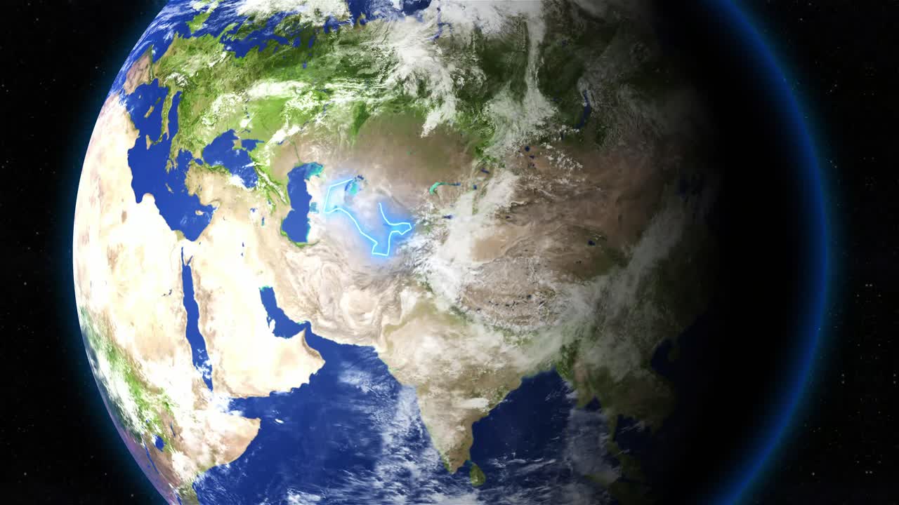 View Of Earth From Space, Highlighting The Country Of Uzbekistan Outlined In A Glowing Blue. - graphics