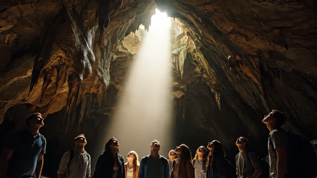 Group of People Exploring a Cave with Light Shaft