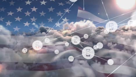 Animation-of-network-of-connections-of-icons-with-smartphones-over-usa-flag-and-clouds