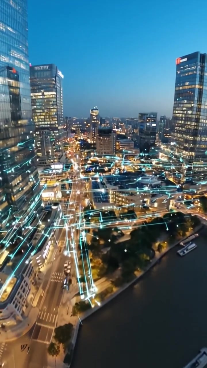Vista Aérea de uma Paisagem Urbana Vibrante ao Entardecer, Mostrando um Rio Fluindo por uma Cidade com Luzes Cintilantes Contra um Céu Crepuscular.