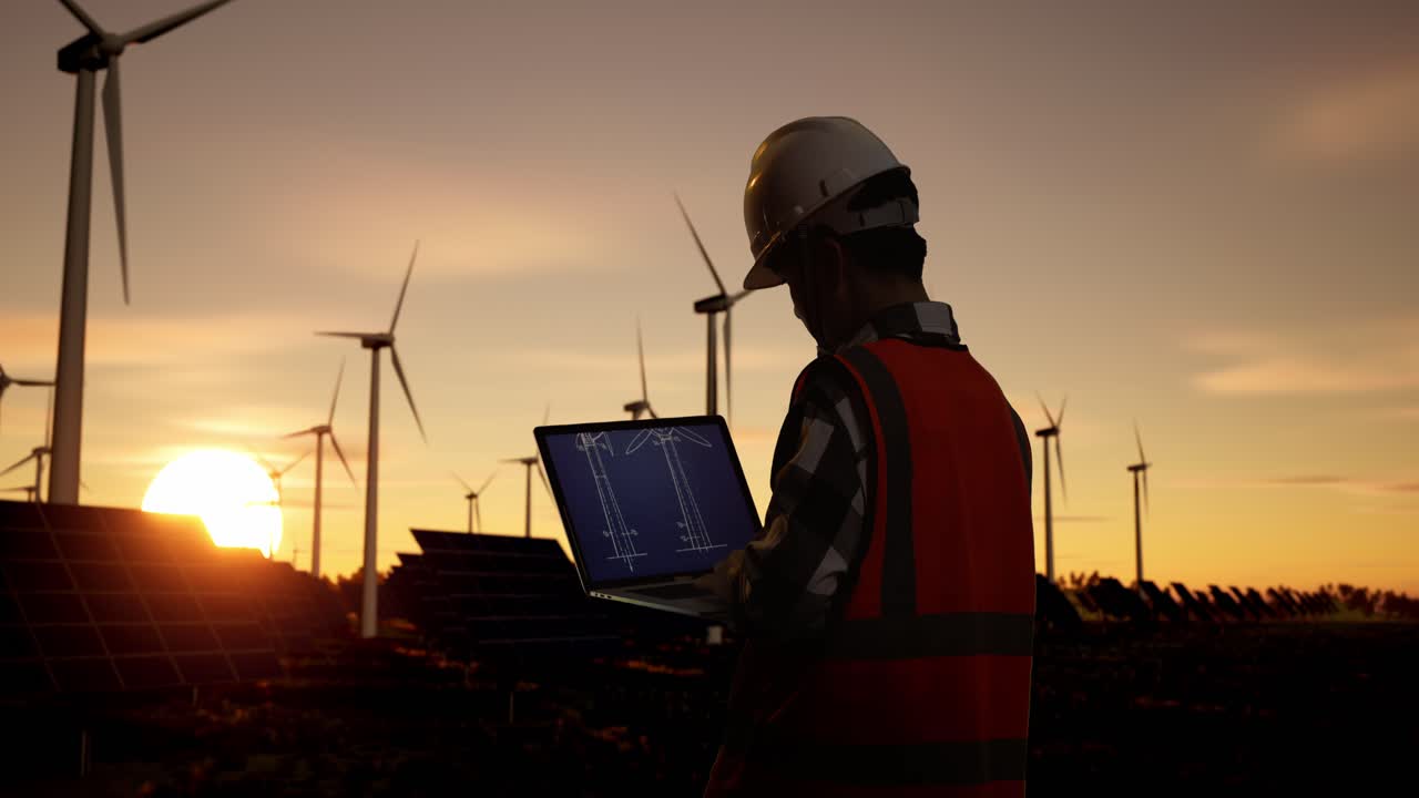 Engineer working on wind turbine and solar panel design at sunset