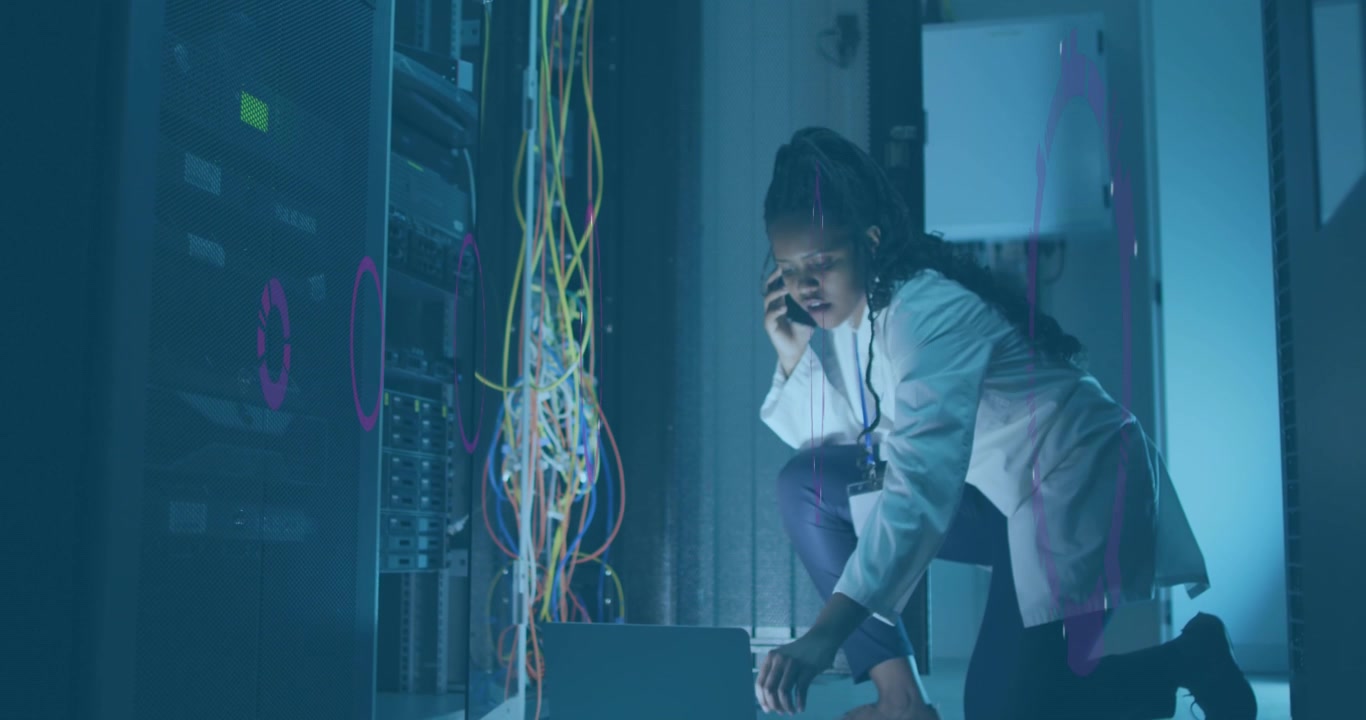 Animation of data processing over african american it woman by computer servers