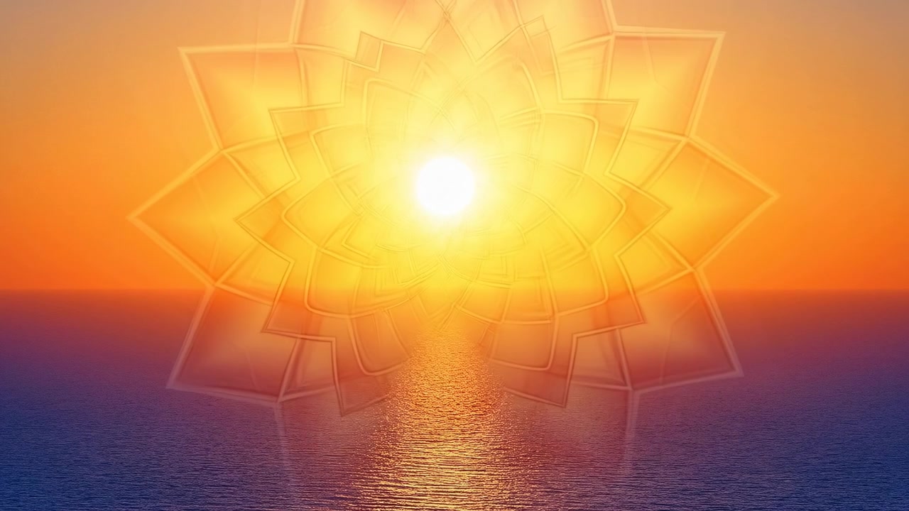 Centered sun rises above calm ocean horizon with vivid vertical reflection across rippled water, while translucent geometric mandala overlay blooms outward in warm golden light and serene symmetry