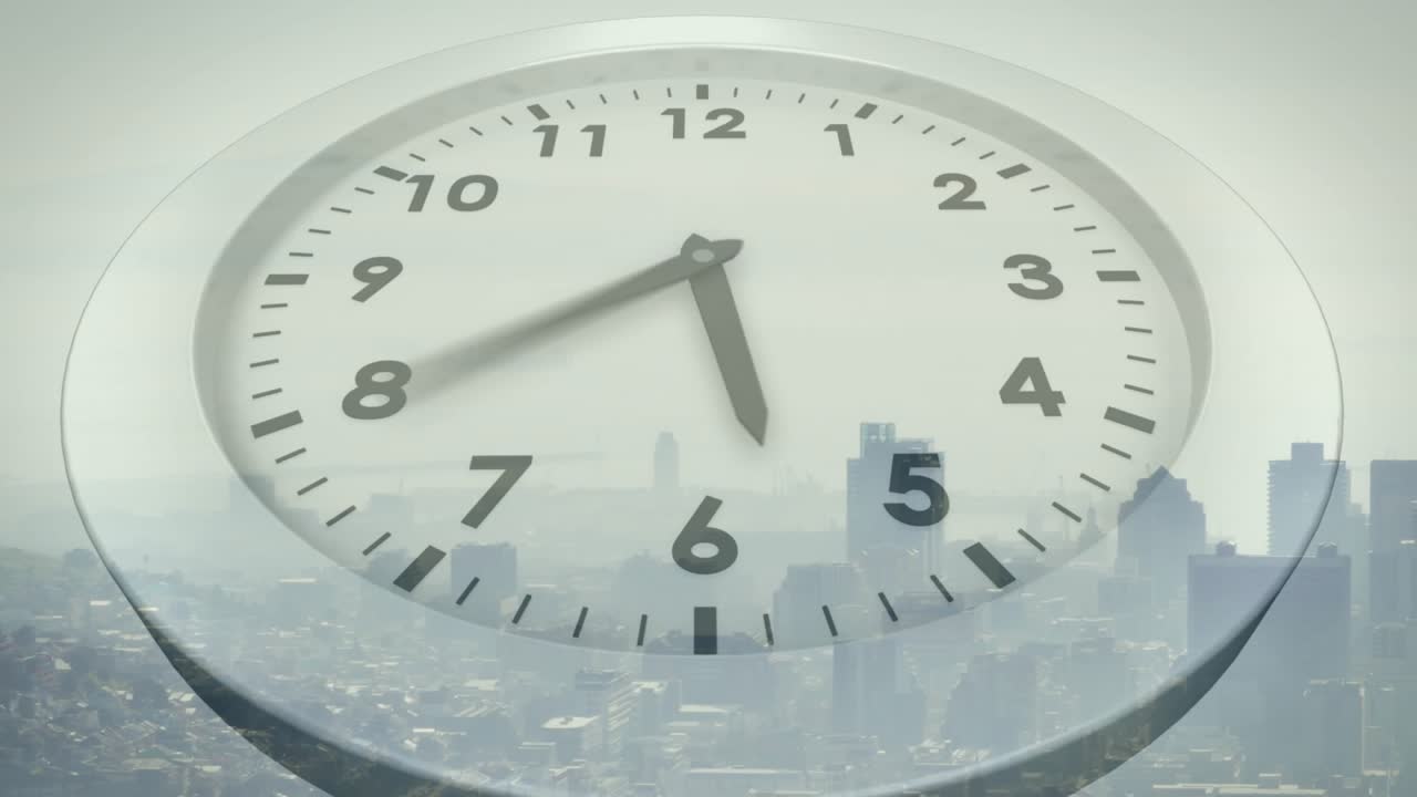Sequence starting, translucent clock face hands sweeping clockwise, showing time over hazy skyline