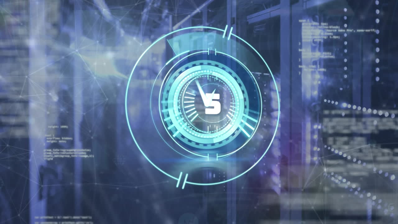 Animation of countdown over round scanner and data processing against computer server room