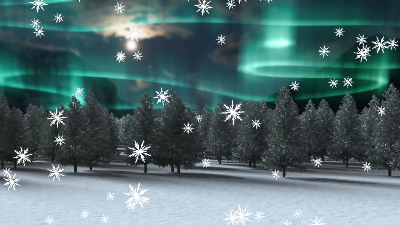 겨울 풍경 위에 떨어지는 눈송이의 디지털 애니메이션