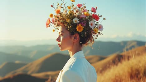 woman with flower crown in mountains