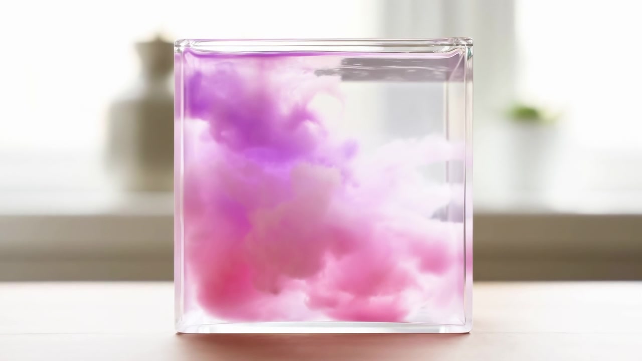 Scène en gros plan animée d'un récipient en verre rectangulaire transparent posé sur une table, tandis que de l'encre rose et violette se disperse dans l'eau, formant de doux nuages tourbillonnants, des dégradés subtils et des reflets translucides, créant une atmosphère calme.