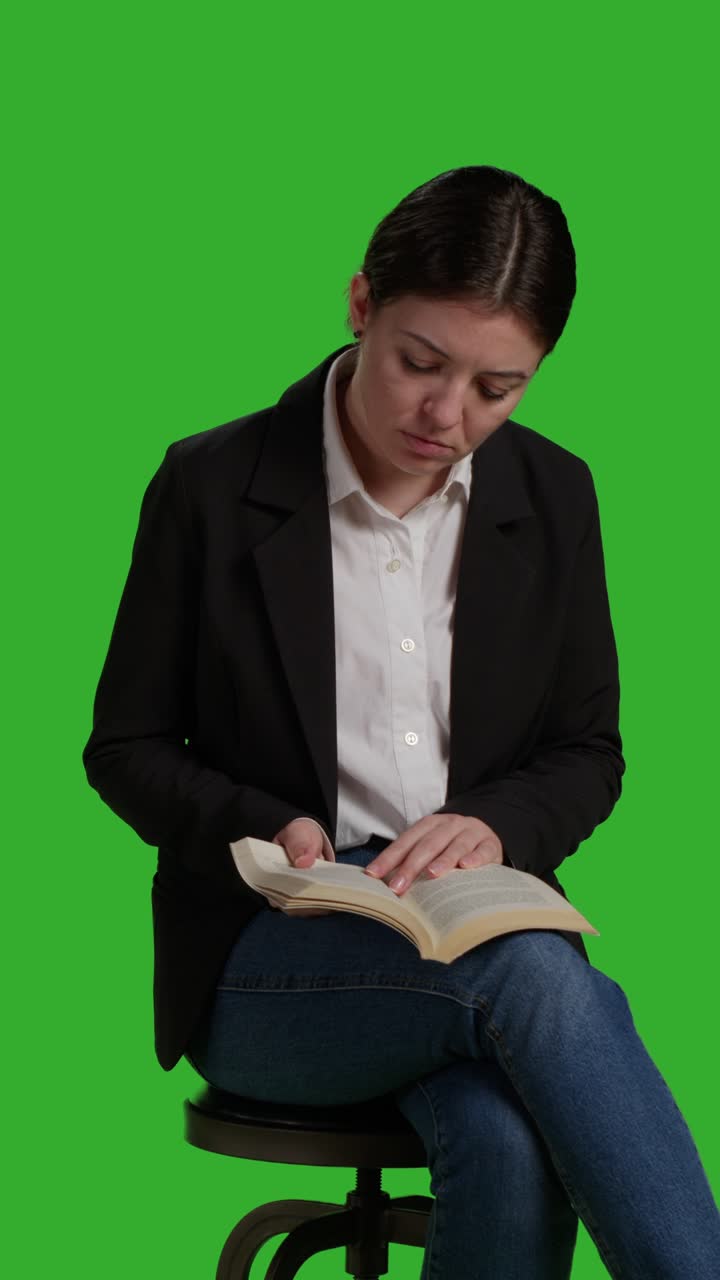 Vertikales Video: Nahaufnahme einer Geschäftsfrau von vorne, die ein Buch liest