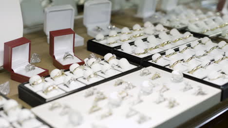 assortment of engagement rings in jewelry display case, closeup