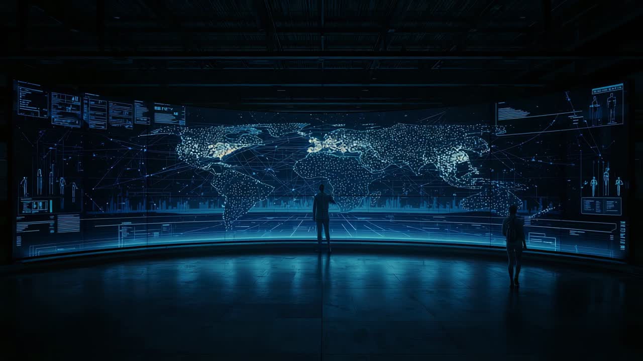 Control room map initiating arcs connecting nodes while suit-clad colleagues monitoring data flow