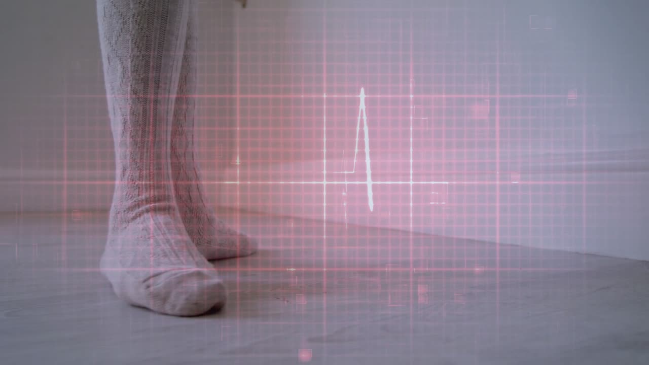 Female's lower legs, feet doing controlled toe steps on pink grid appearing, ECG pulsing for health