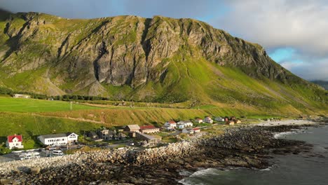 Vikten-Village-at-Lofoten-Islands-rough-coast-in-Norway,-Scandinavia---Aerial