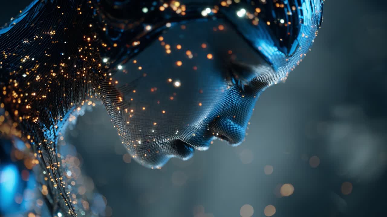 A mesmerizing exploration of a futuristic digital entity, characterized by a radiant face composed of intricate patterns and glowing particles, invoking feelings of mystery and innovation