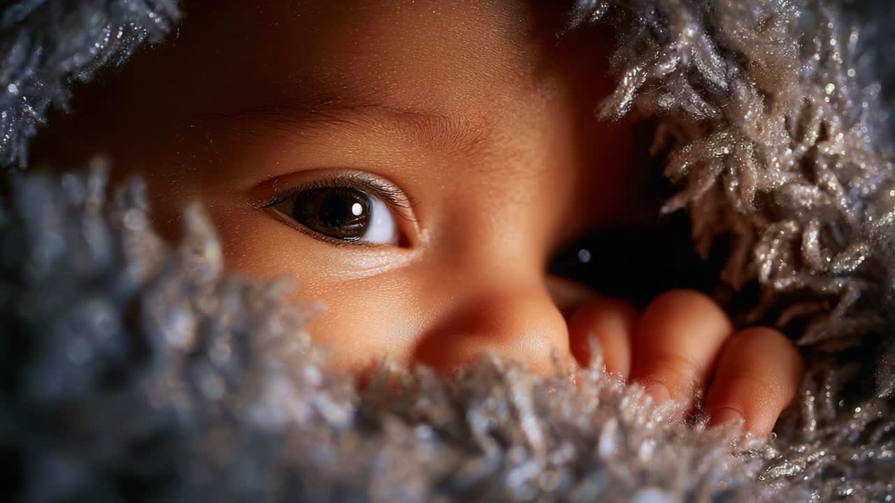 A Close-Up View of a Child's Eye Captured in Warm, Cozy Textures, Showcasing Curiosity and Innocence with a Soft, Fuzzy Blanket Emphasizing the Tenderness of Early Childhood