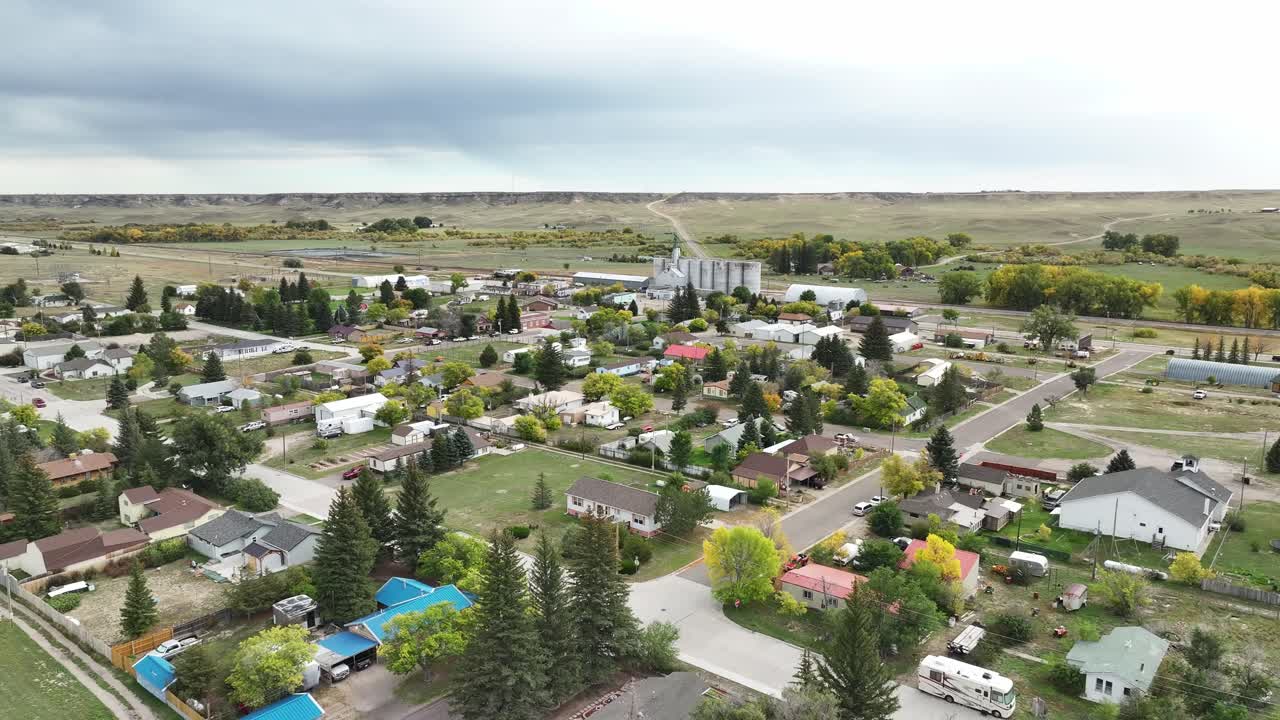 Chugwater Wyoming aerial flyover citywide view focus on parks and downtown