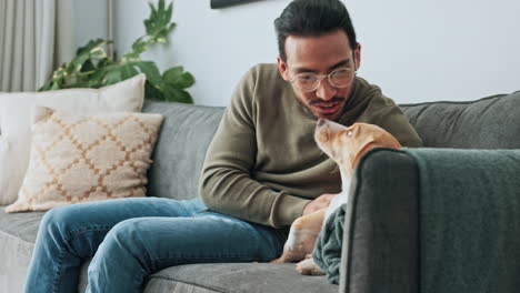 Happy,-relax-and-man-bonding-with-dog-on-a-sofa