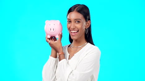 piggy bank, happy face and indian woman