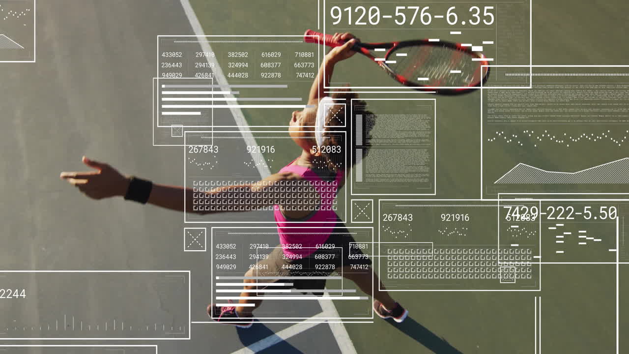 Female tennis player serving on hard court, displaying HUD data graphics for sports tech