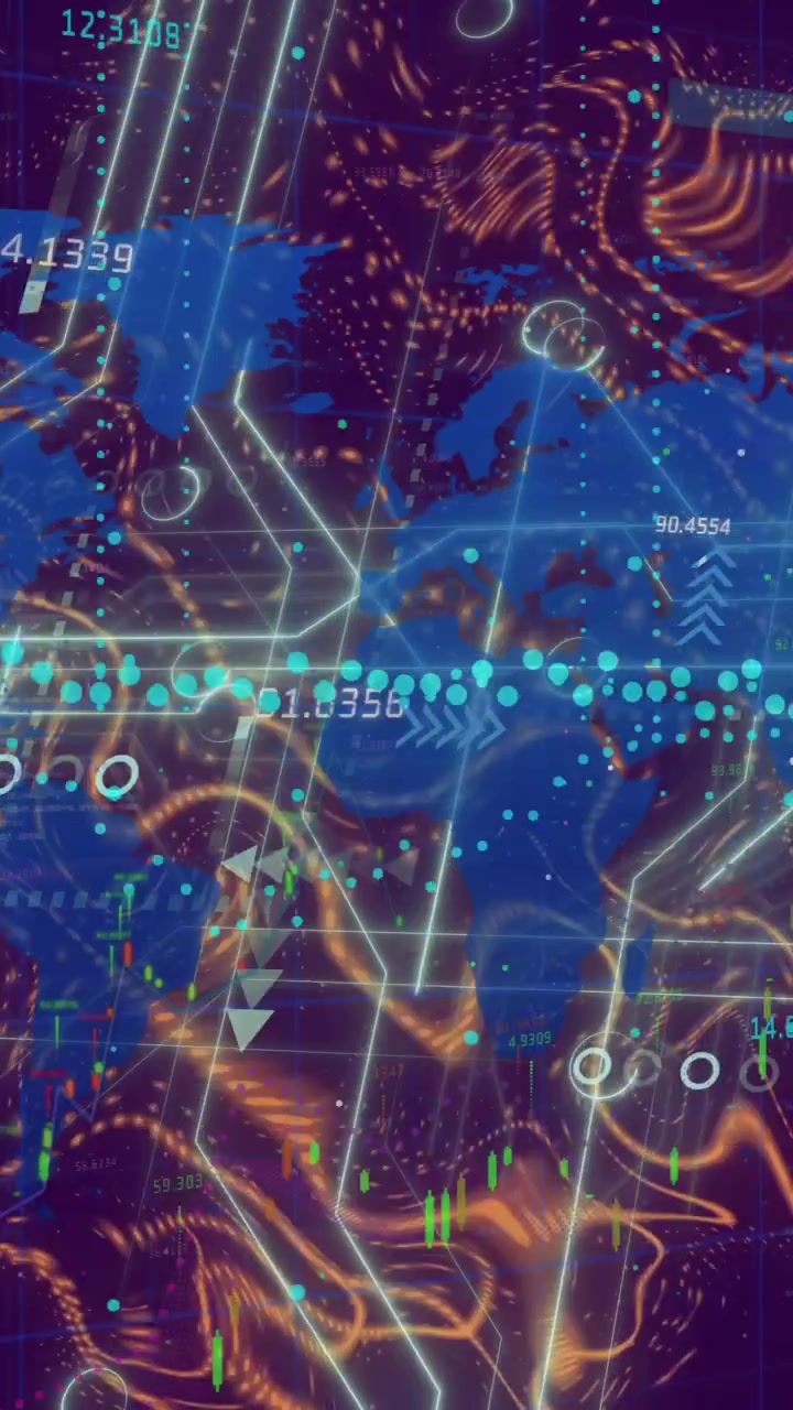 Digital world map with data points and network connections animation