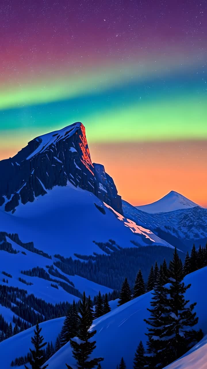 Vivid sunset over a snow-capped mountain with northern lights, captured from a low angle