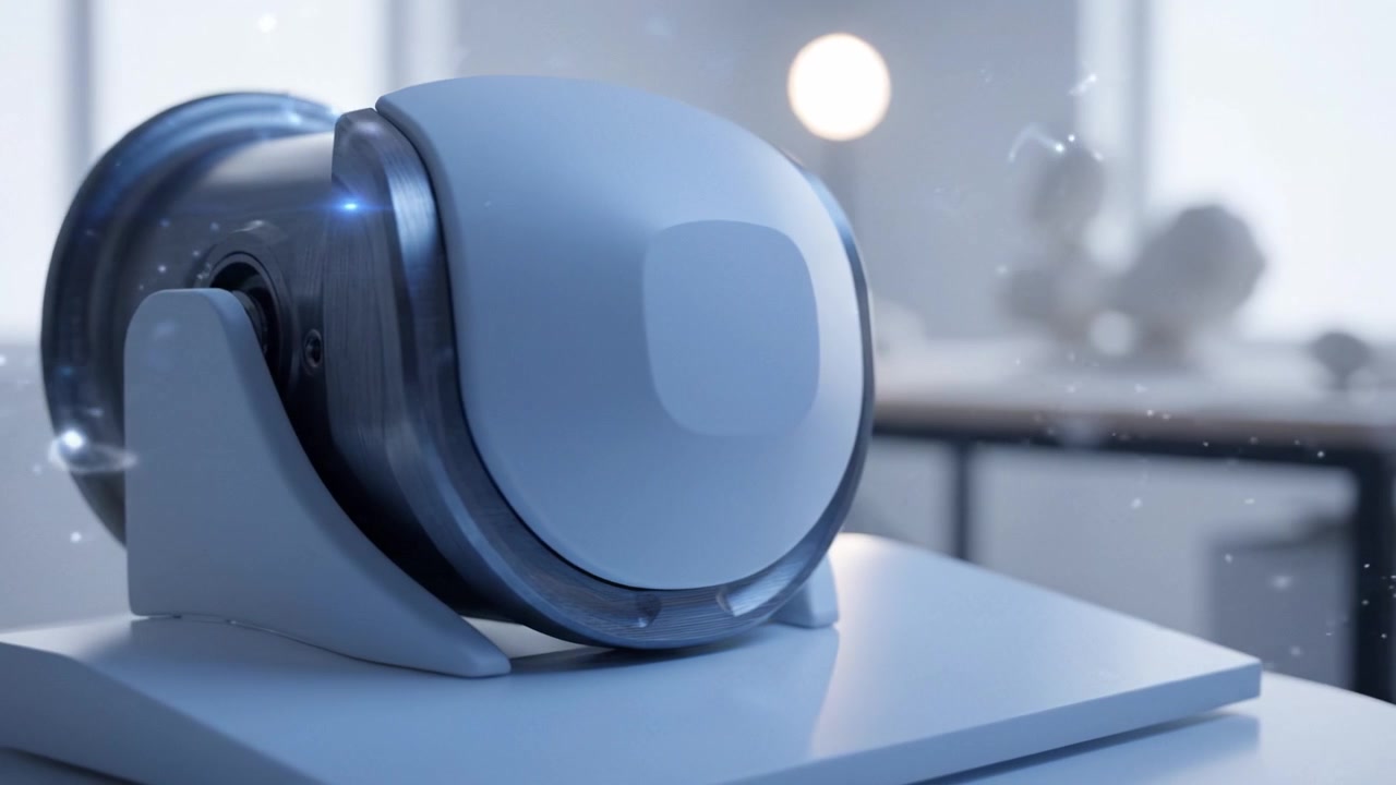 Futuristic robotic device displayed in a minimalistic environment, showcasing its sleek design and advanced technology, embodying modern innovation and creativity.