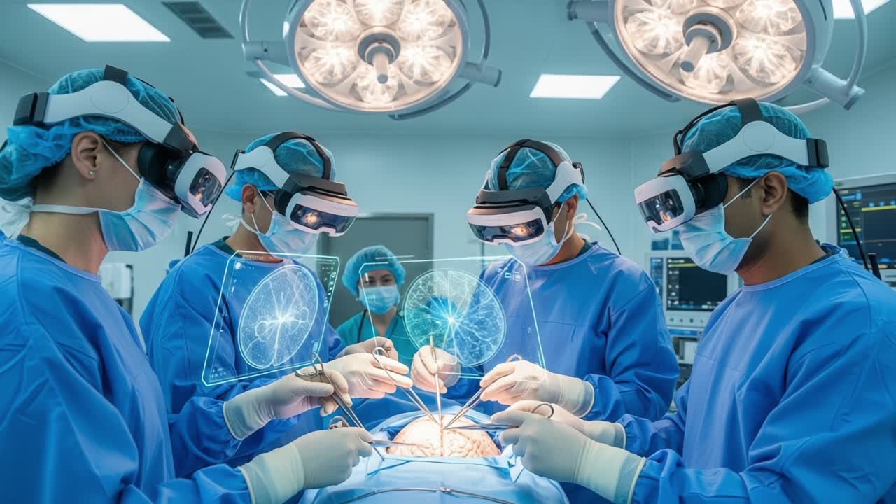 Surgeons Engaged in High-Tech Brain Surgery Using Augmented Reality Headsets in a Modern Operating Room During a Complex Neurological Procedure
