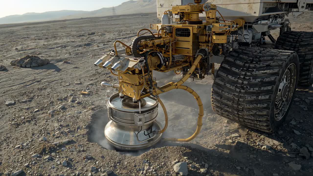 Lowering rover arm contacting packed desert soil, spinning bell tool for surface sampling