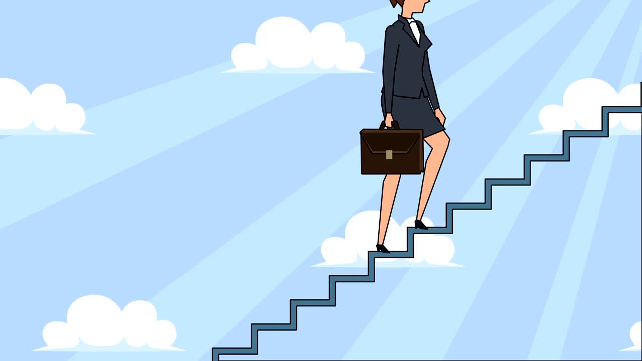 personaje de mujer de negocios de dibujos animados plano con bolsa de caso sube la escalera de la carrera escaleras de concepto de animación
