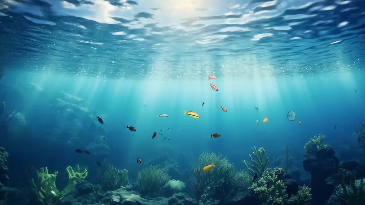 Underwater video scene with a wide-angle view, capturing sunlight filtering through water