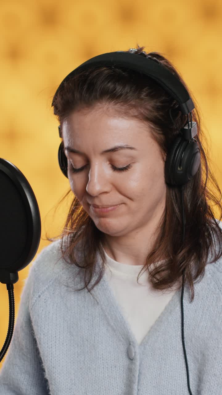 Donna che registra un audiolibro in studio con microfono e cuffie