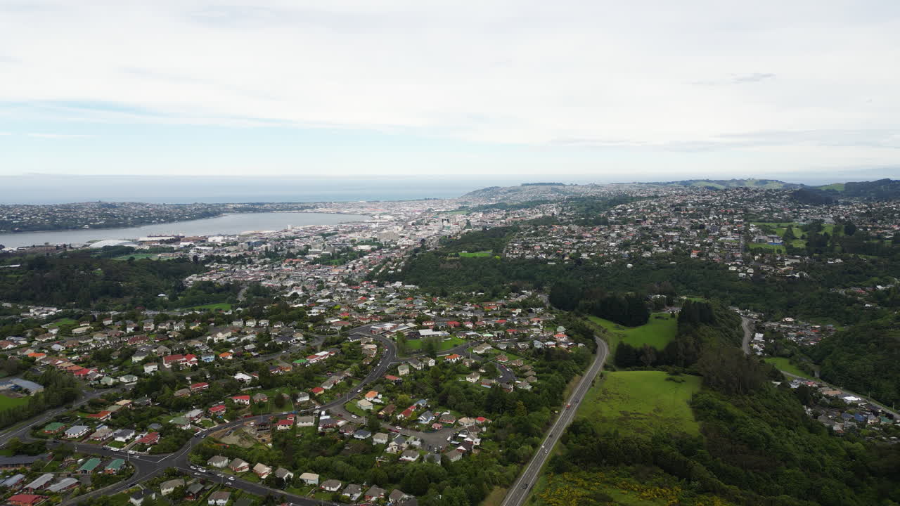 해변에 집, 도로, 나무가 있는 마을