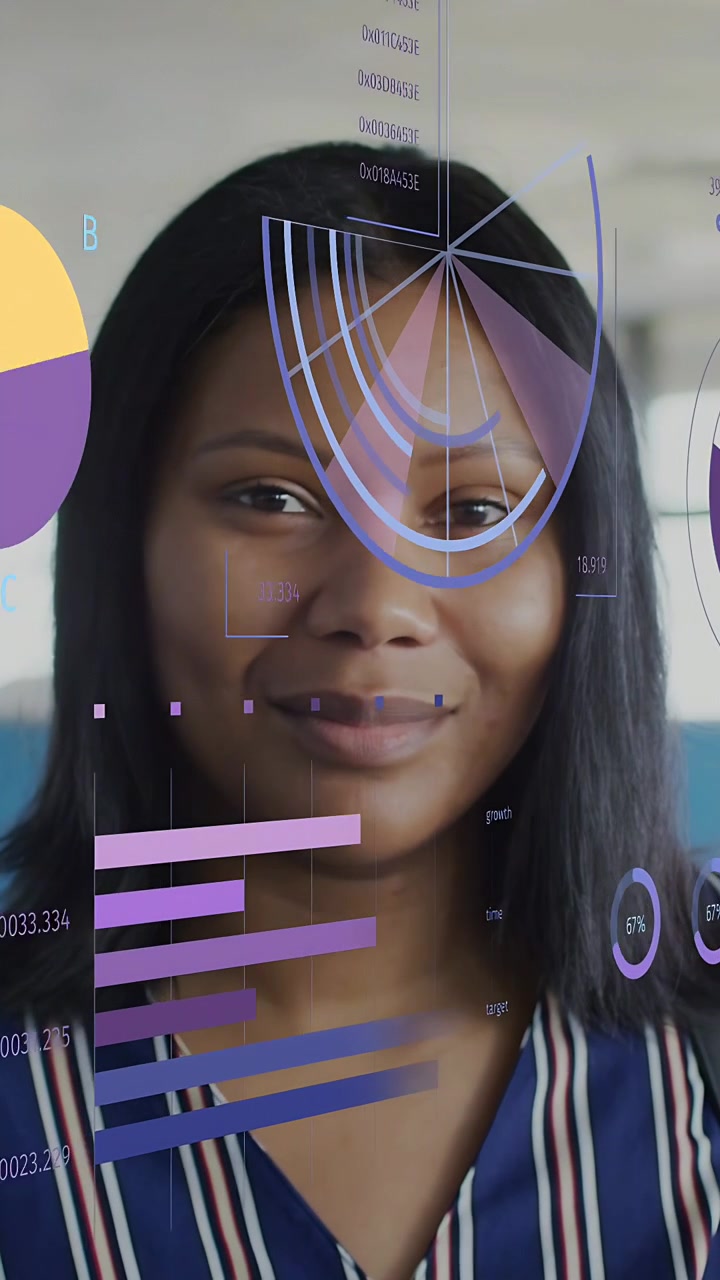 Vertical video: Analyst viewing tech data appearing, pie centering, sliding left, smiling at data