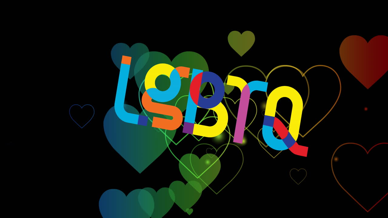 흑색 배경에 lgbti 텍스트와 무지개 심장의 애니메이션