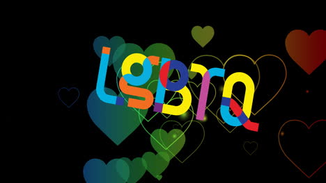 animación de texto lgbtq y corazones arco iris en fondo negro.