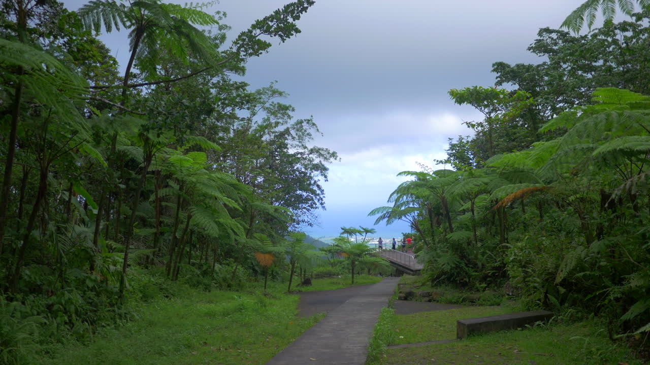 turista al final de un camino en la distancia mirando el paisaje desde un punto de vista alto