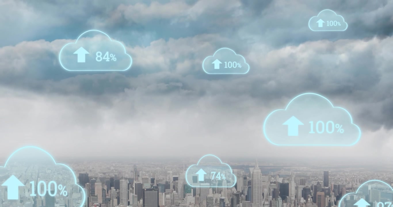 Animation of digital clouds with uploading floating over cityscape
