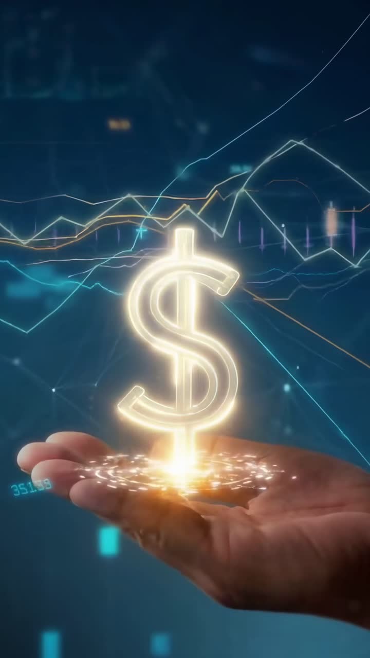 Un'angolazione video ravvicinata di una mano che tiene un simbolo del dollaro luminoso con grafici digitali.