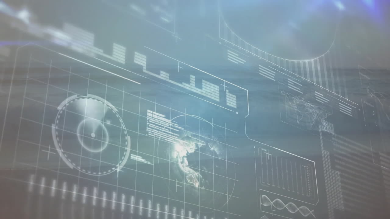 Digital animation with world map and data charts on abstract blue background