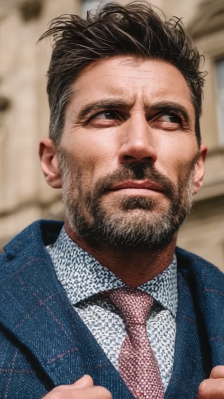 Un uomo elegante irradia sicurezza in un abito sartoriale, mettendo in mostra una camicia a fantasia distintiva sotto un cappotto elegante in un ambiente urbano.