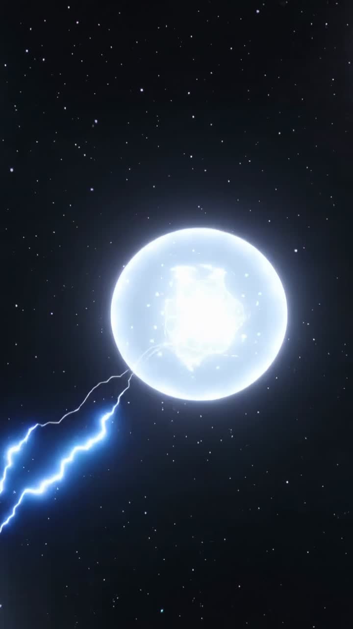 Video verticale: sfere luminose in carica che inviano archi di fulmini in un campo stellato, incendiando il nucleo centrale
