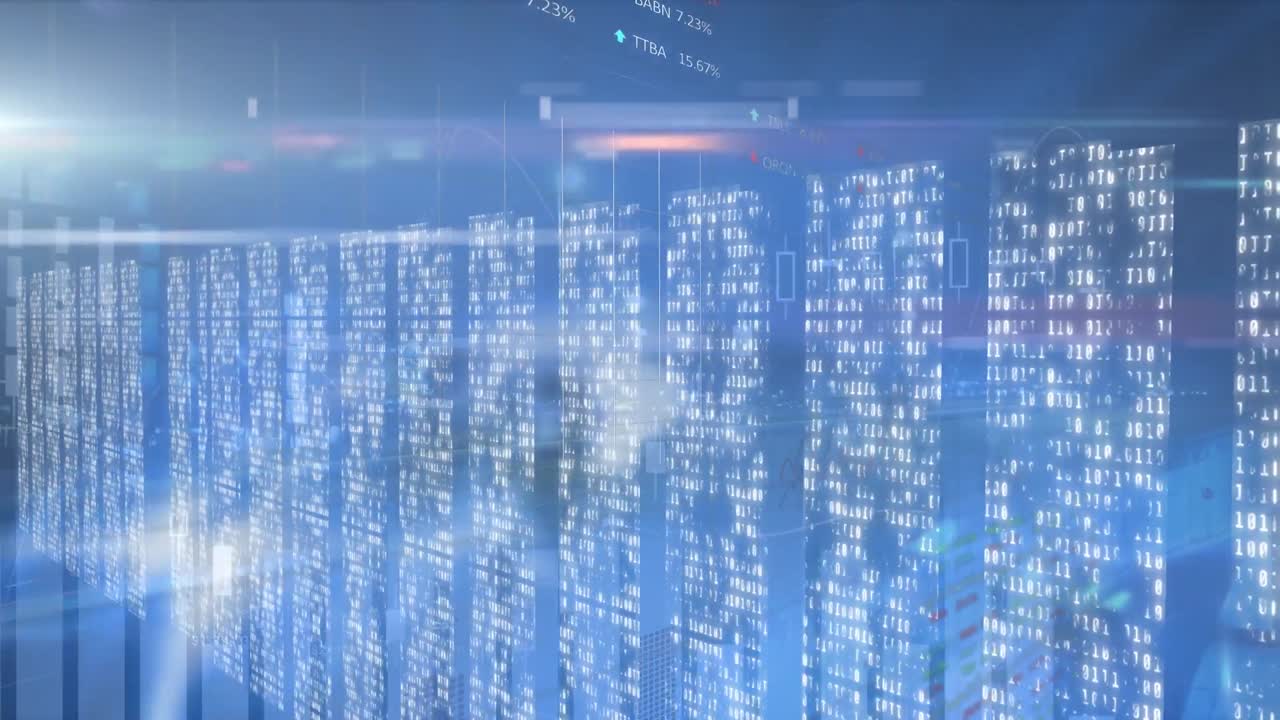 Animation of financial data processing over columns with binary coding