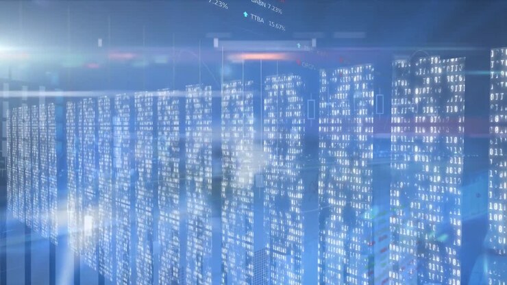 Animation of financial data processing over columns with binary coding