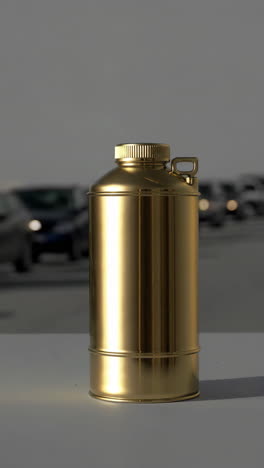 golden jerrycan in a parking lot