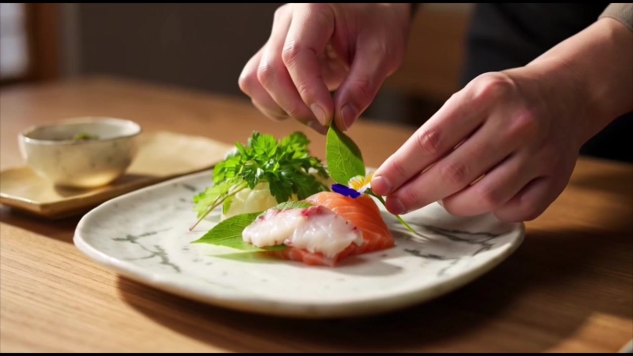 Chef Plating Fresh Sashimi with Garnishes on a Ceramic Plate
