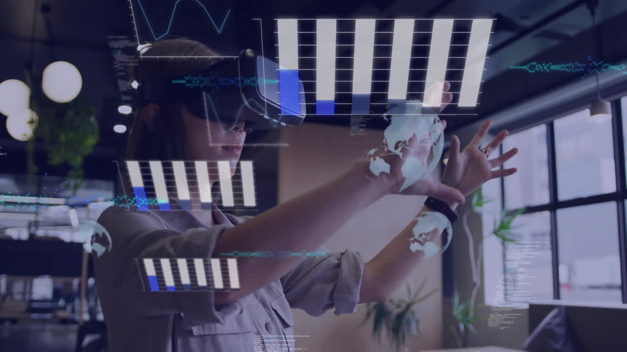 그래프와 차트의 애니메이션 데이터 처리 아시아 캐주얼 비즈니스 우먼 vr 헤드