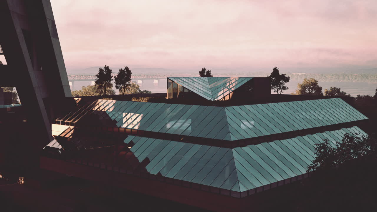 Modern design with angular glass rooftops in a tranquil setting