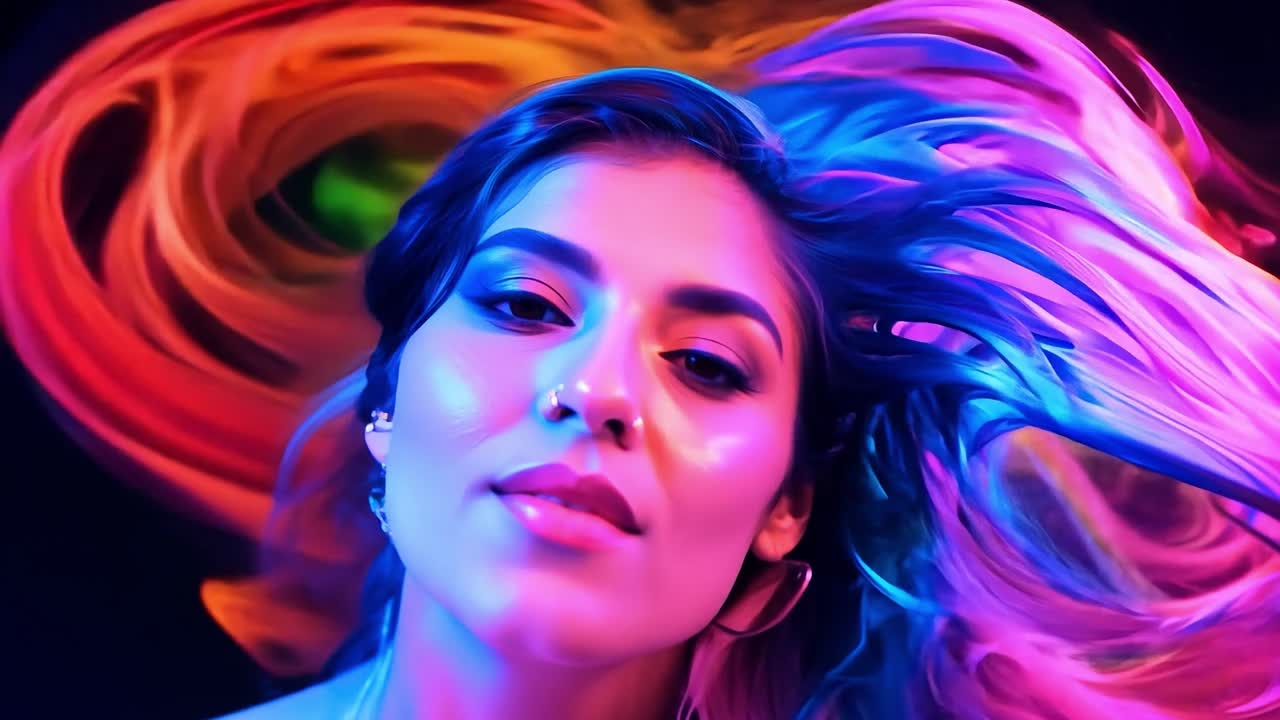 la modelo posa con gracia bajo luces vibrantes, con el cabello fluyendo en el viento, mostrando belleza y estilo en un entorno de estudio
